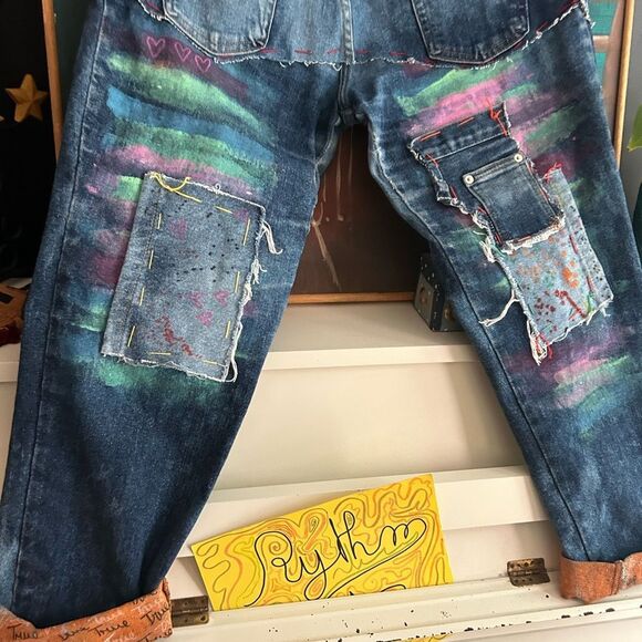Upcycled Frayed Patchwork Jeans 33" Waist Handmade Streetwear Pants Painted - Picture 7 of 16